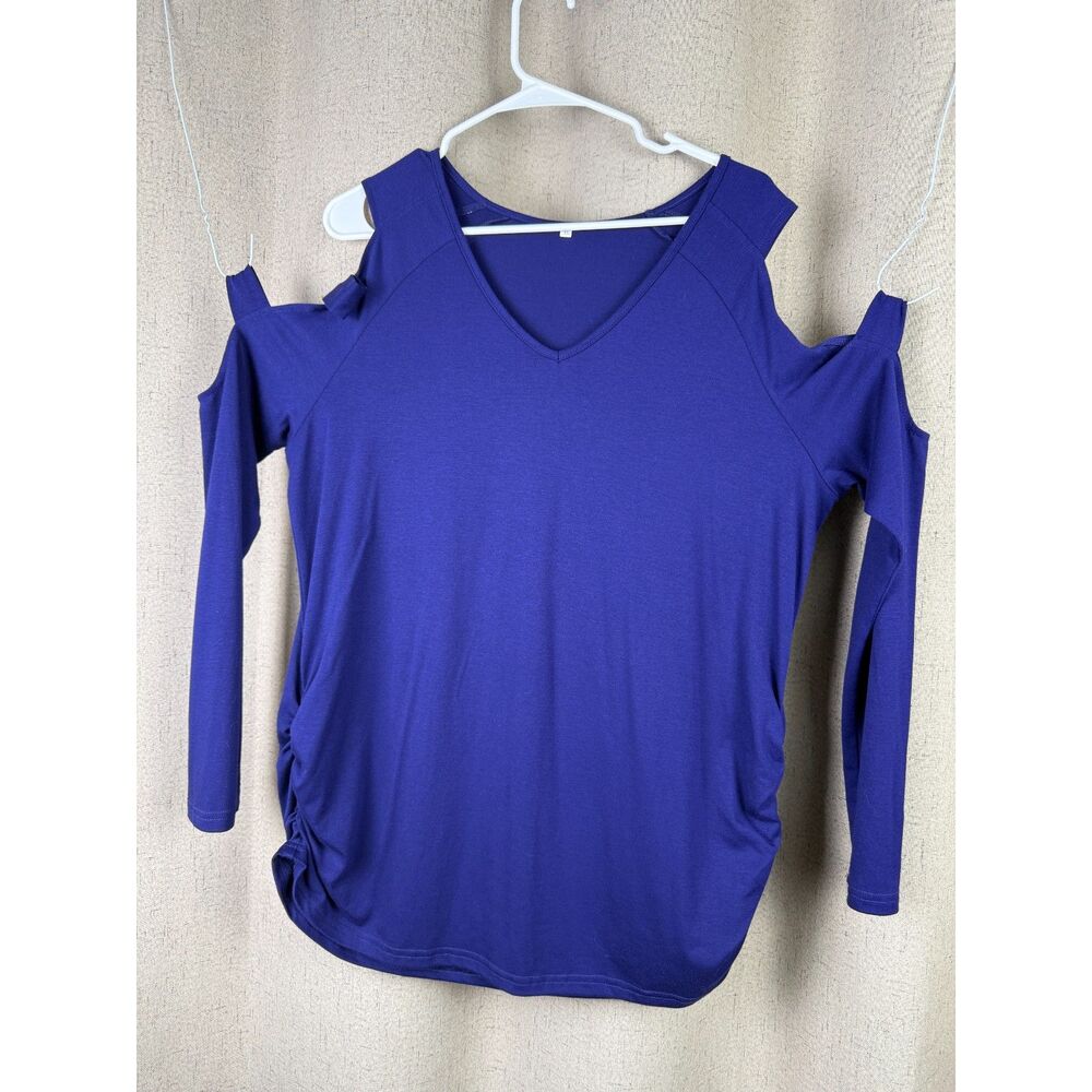 Womens Navy Blue Cold Shoulder Ladder Sleeve Stretch Top Size XL - Picture 2 of 6